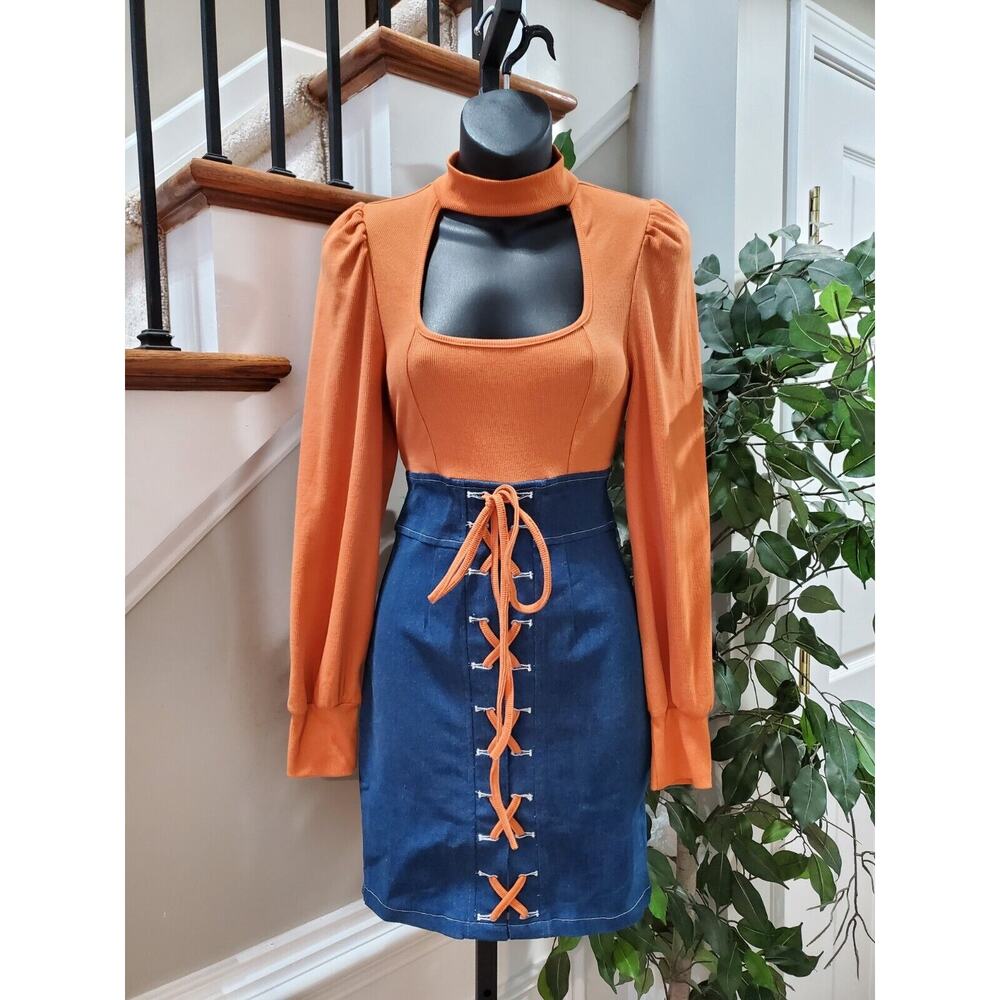 Miss 8 Women's Brown & Blue Cotton Mock Neck Long Sleeve Knee Length Dress S